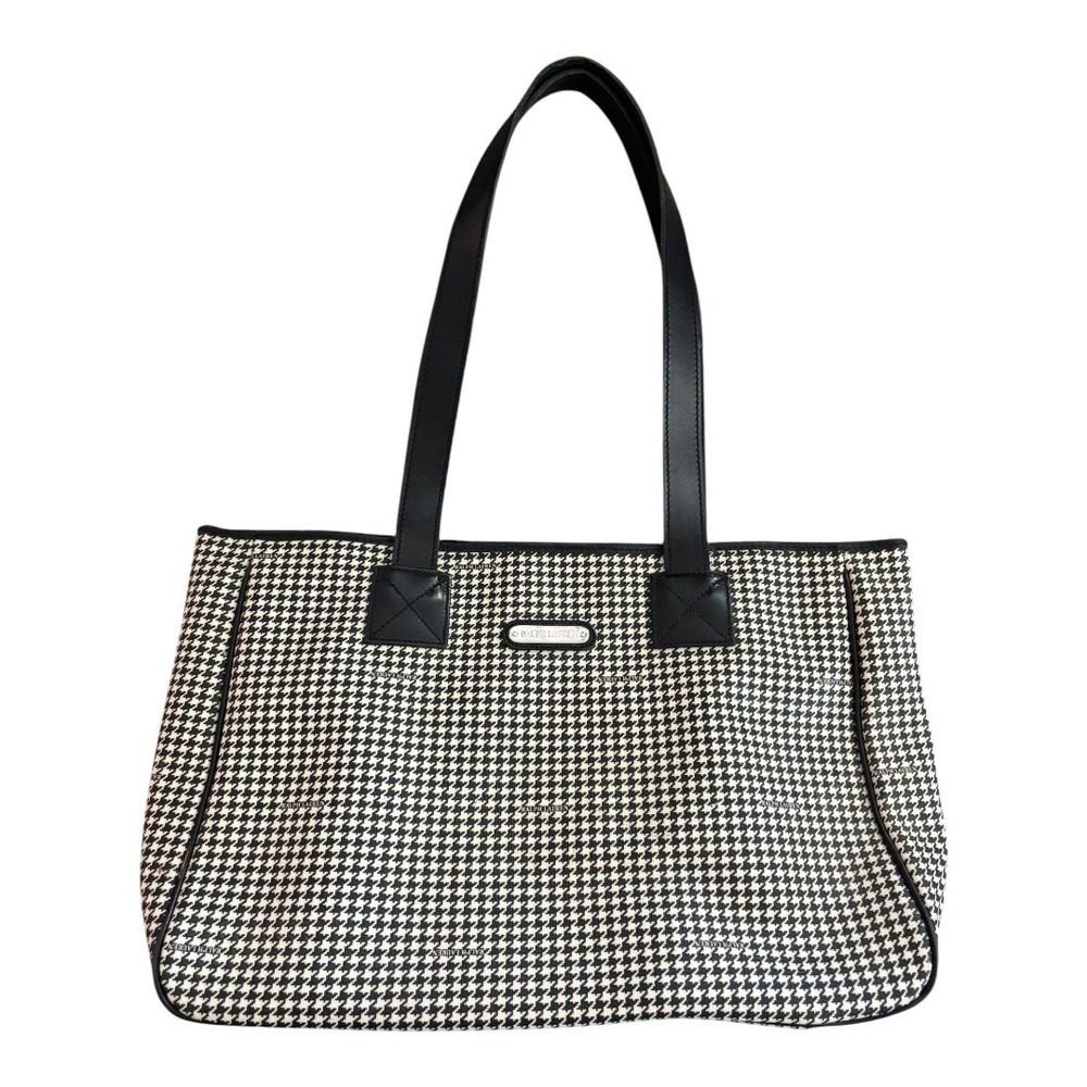 Vintage Ralph Lauren Houndstooth Tote Bag Black Leather Trim Shopper Purse